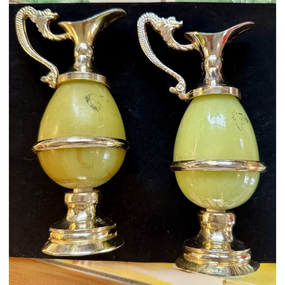 Vintage Pair of Onyx Brass England Small Vases Pitchers Jugs - Picture 10 of 16